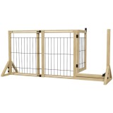 PawHut Gard Extensibil pentru C&acirc;ini, Gard de Siguranță pentru Animale cu Ușă și 2 Panouri, Picioare Triangulare, 112-159x70 cm, Lemn Natural | Aosom R