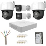 Sistem supraveghere IP complet Hikvision 2 camere fixe + 2 camere rotative 4MP IR/lumina alba Speaker, NVR 8 canale PoE, HDD 500GB SafetyGuard Surveil