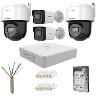 Sistem supraveghere IP complet Hikvision 2 camere fixe + 2 camere rotative 4MP IR/lumina alba Speaker, NVR 8 canale PoE, HDD 500GB SafetyGuard Surveil foto