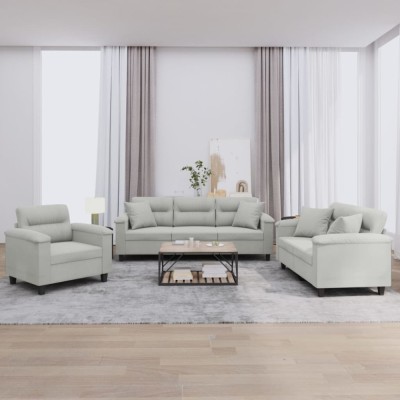 vidaXL Set de canapele cu perne, 3 piese, gri deschis, microfibră 3202303 foto