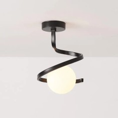 Lustra tip spirala, cu un glob din sticla alba, dulie E27, culoare corp negru, inaltime 25CM