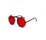 Ochelari de soare Steampunk - Flip Up - Rama neagra Lentile rosii, Unisex, Rotunzi, Protectie UV 100%