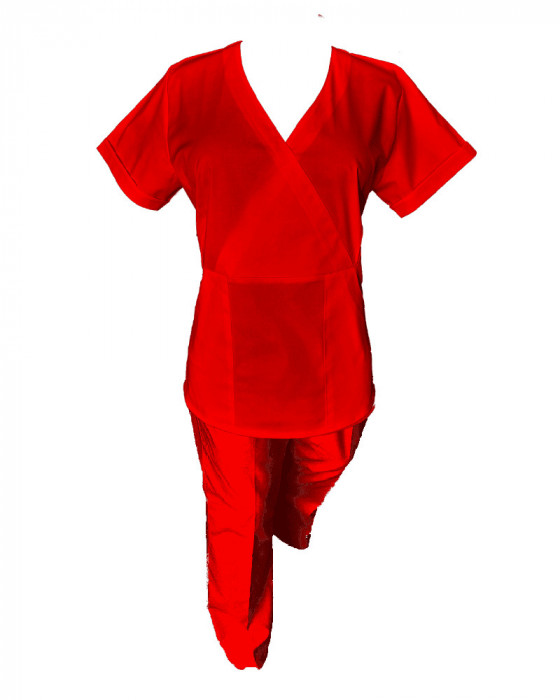 Costum Medical Pe Stil, Rosu cu Elastan, Model Marinela - S, L