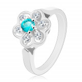 Inel strălucitor &icirc;mpodobit cu o floare transparentă cu zirconiu albastru deschis - Marime inel: 53
