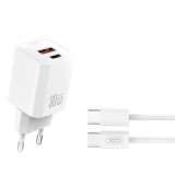 Incarcator Retea Cu Cablu USB-C XO Design L149, 30W, 3A, 1 x USB-A - 1 x USB-C, Alb