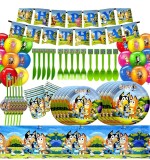 Set 127 piese vesela petrecere Bluey pentru 10 copii, stegulete decorative, fata de masa, servetele, pahare, farfurii, paie, linguri, furculite, cutit