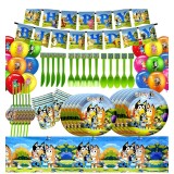 Set 127 piese vesela petrecere Bluey pentru 10 copii, stegulete decorative, fata de masa, servetele, pahare, farfurii, paie, linguri, furculite, cutit