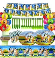 Set 127 piese vesela petrecere Bluey pentru 10 copii, stegulete decorative, fata de masa, servetele, pahare, farfurii, paie, linguri, furculite, cutit