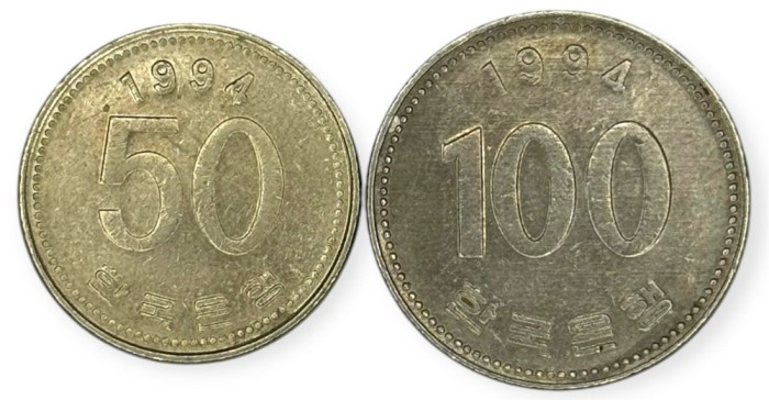 Coreea de Sud , lot 8 - 50 + 100 Won 1994