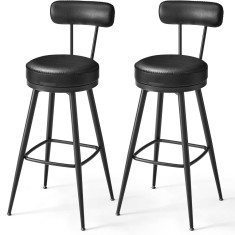VASAGLE set 2 scaune de bar rotative 360&deg;, cu spatar, inaltime 101 cm, piele sintetica, cadru otel, stil modern, negru Household NewTrend
