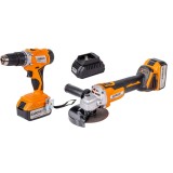 Set polizor unghiular si masina de gaurit cu percutie 18V 2x4Ah Baukraft