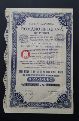 Actiune 1928 petrol Societatea romano - belgiana / titlu de 5 actiuni foto