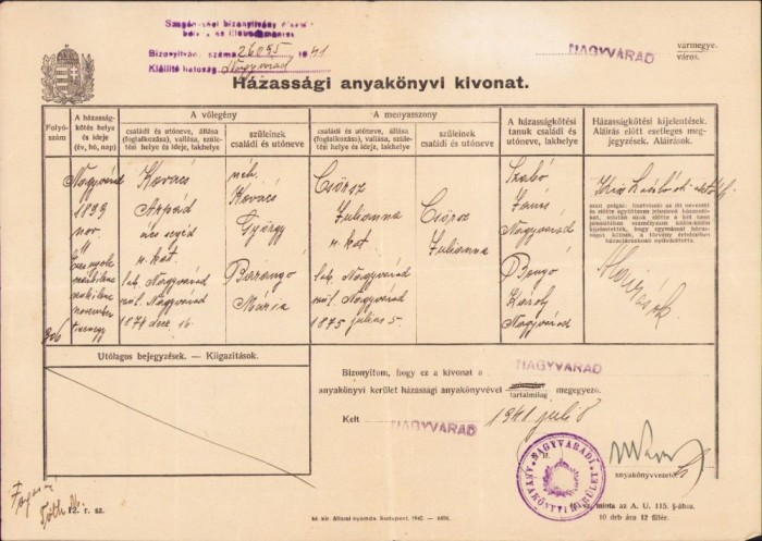 A1208 Extras registru căsătorii, 1941, Oradea