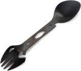Cumpara ieftin Lingura multifunctionala inox neagra 18 cm cu furculita, desfacator, chei piulite si lama zimtata pentru camping si EDC