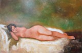 Tablou / Pictura nud pe pat semnat Cimpoesu, Ulei, Realism