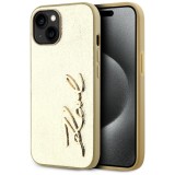 Husa iPhone 15 Karl Lagerfeld Hardcase Leather, Metal Signature, auriu, KLHCP15SPFMFBKMD