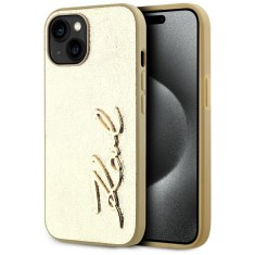 Husa iPhone 15 Karl Lagerfeld Hardcase Leather, Metal Signature, auriu, KLHCP15SPFMFBKMD foto