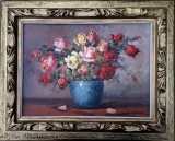 D. Niculescu-Vas cu trandafiri, pictură rom&acirc;nească veche, Flori, Ulei, Realism