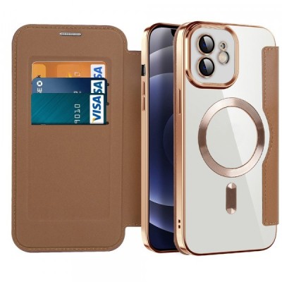 Husa MagSafe pentru Apple iPhone 12, Techsuit, SmartMag Book, Maro foto