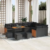Set canapele grădină vidaXL 13 piese cu perne Negru Ratan polițian Acacia, Set dining grădină vidaXL 4 piese cu perne Negru Ratan polițian Acacia, Can