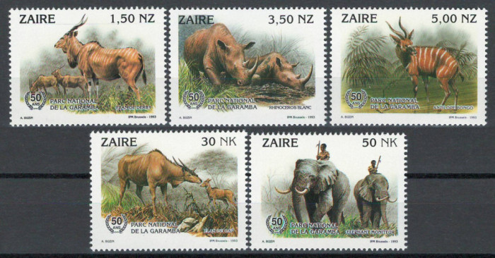 Zaire Zair 1993 Mi 1079/83 MNH - 50 de ani din Parcul National Garamba, fauna