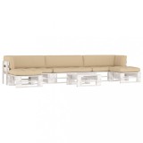 Set mobilier din paleti cu perne, 6 piese, alb, lemn pin tratat