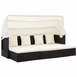 vidaXL Pat Șezlong Gradina cu Acoperiș, Negru, Poliratan, 200x60x124cm + Masa Reglabila si Taburete, Perne Incluse
