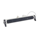 Prelungitor Legrand 694510, 5 prize + 1 USB-A + 1 USB-C, 1.5 m, 3680W, 3 x 1.5 mmp, protectie la supratensiuni, contact de protectie, alb + gri