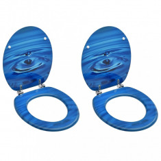 Scaune WC cu capac, 2 buc., albastru, MDF, model strop de apa foto
