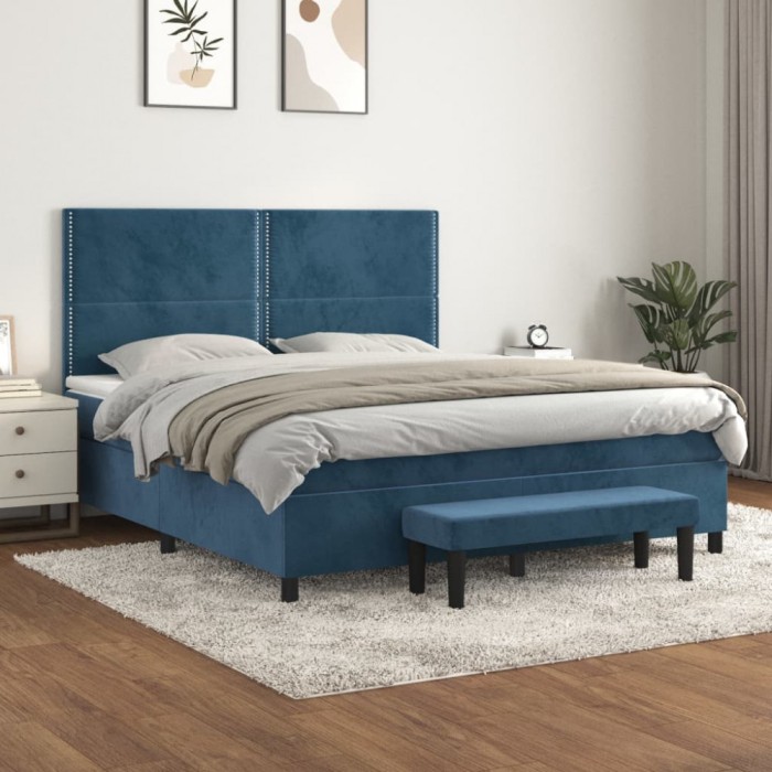 vidaXL Pat box spring cu saltea, albastru &icirc;nchis, 180x200 cm, catifea