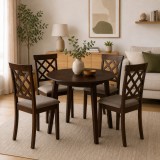 Cumpara ieftin Set masa living plianta Philadelphia, MDF, lemn masiv, rotunda, 55 90 x 90 x 74,8 cm si 4 scaune Vienna, tapiterie stofa, 94x49x40 cm, nuc