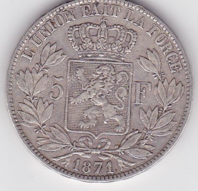 BELGIA 5 FRANCI Francs 1871 foto