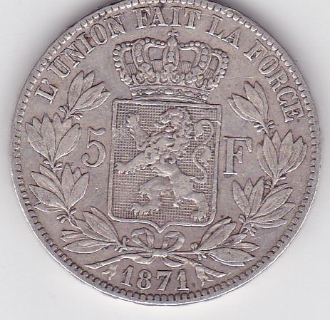 BELGIA 5 FRANCI Francs 1871