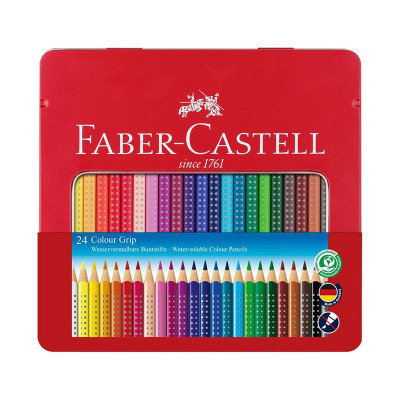 Creioane colorate 24 culori triunghiulare cu grip, in cutie de metal, Faber Castell FC112423 foto