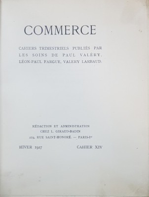 COMMERCE, CAHIERS TRIMESTRIELS PUBLIES PAR LES SOINS DE PAUL VALERY, LEON-PAUL FARGUE, VALERY LARBAUND - PARIS, 1927 foto