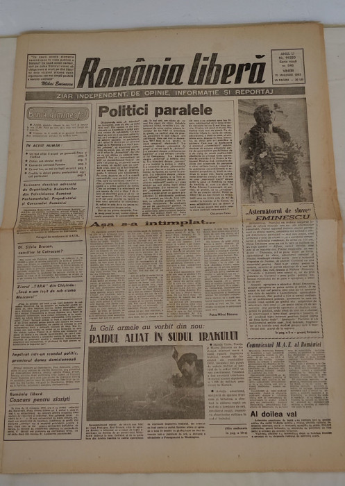 Rom&acirc;nia Liberă (15 ianuarie 1993) serie nouă nr. 846 - Dedicat Mihai Eminescu