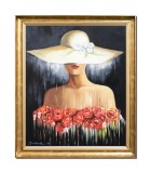 Cumpara ieftin Tablou tanara cu palarie pictat manual inramat, Eleganta, 70x60cm ulei pe panza, rama din lemn auriu antichizat, Mircea Iordache