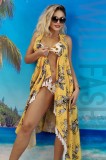 Cumpara ieftin Tunica Plaja Dama Midi Kimono Floral Galben Negru Ciucuri Universala Rochie Vara Vaporos Poliester