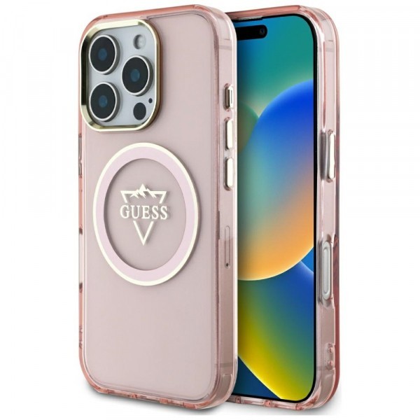 Husa MagSafe pentru Apple iPhone 16 Pro, Guess, IML Metal Mountain Logo, Roz