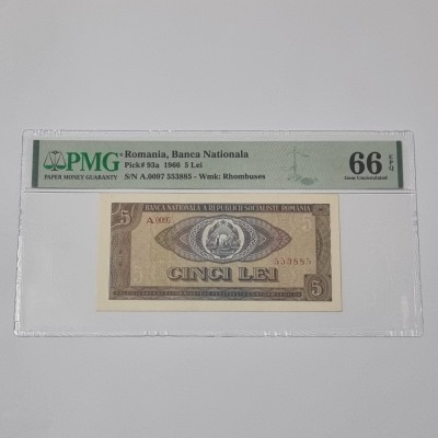 BANCNOTA UNC 5 LEI 1966 GRADATA PMG 66 EPQ foto