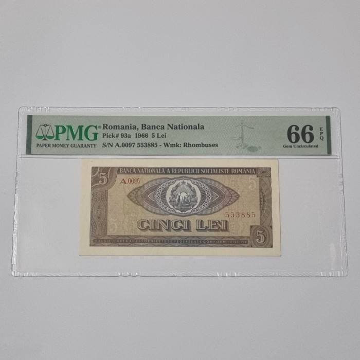BANCNOTA UNC 5 LEI 1966 GRADATA PMG 66 EPQ