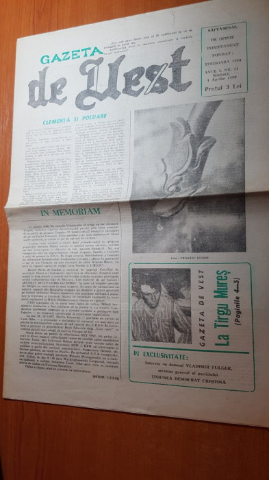 gazeta de vest 1 aprilie 1990-conflictul de la tg mures,interviu ion caramitru
