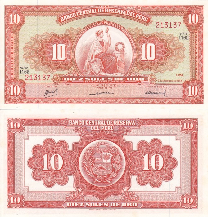 PERU 10 soles de oro 1968 UNC!!!