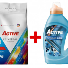 Detergent Universal de rufe pudra Active, sac 5kg, 68 spalari + Balsam de rufe Active Magic Blue, 1.5 litri, 60 spalari