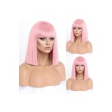 Perucă SIMKAYLEE roz, dreaptă, p&acirc;nă la umeri, cu șuvițe, bob scurt pentru cosplay, anime, petreceri și uz zilnic (12 inch)