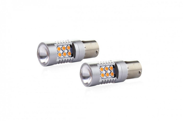 Set becuri auto cu LED CANBUS compatibil P21W BA15S 24 SMD 6.2W Orange 12/24V,