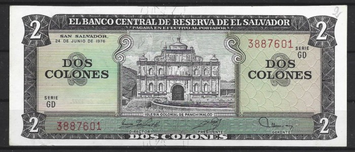 !!! X. RARR : EL SALVADOR - 2 COLONES 1976 - P 124a.2 - UNC / CEA DIN SCAN