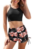 Set de bikini &icirc;n 2 piese, cu spate &icirc;ncrucișat, șort tip boyshort cu legături laterale și control al abdomenului &ndash; Negru cu imprimeu, M