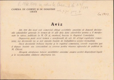A432 Aviz Camera de Comerț și Industrie Lugoj, 1944 foto