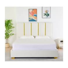 Pat Tapițat Piele Sintetica Alb Cod LB-214 160x200 cm, Somiera +&nbsp;Saltea&nbsp;160x200